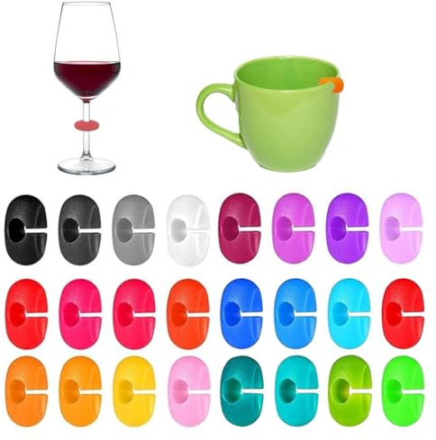 Pejlnd Glasmarkierer - 24 Stück Wiederverwendbarer Glas Markierung Trinkgläser,Silikon Glasmarker Wein Marker Weinglas-Anhänger für Weinglas, Tassen, Trinkglas, Sektgläser,Mehrfarbig