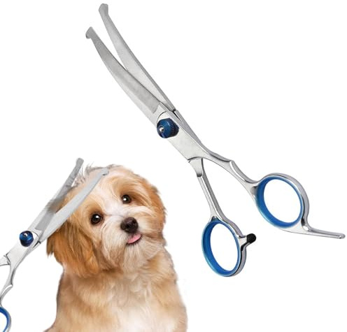 Hunde Scheren Edelstahl - Hundeschere Gebogen für Hunde und Katzen,Sicherheit Runde Spitze Grooming Fellschere Hunde,Profi Rund Schneider Bent Ausdünnschere,Blau Gebogene Fellschere