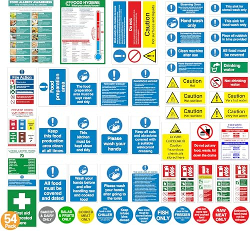 Rubigo Complete Kitchen Safety Signs Set – 54 Self Adhesive Waterproof & Heat-Resistant Stickers – ISO 7010 Compliant – Commercial Kitchen Use – Food Hygiene, Allergy, Fire Action – Bold & Clear (54)