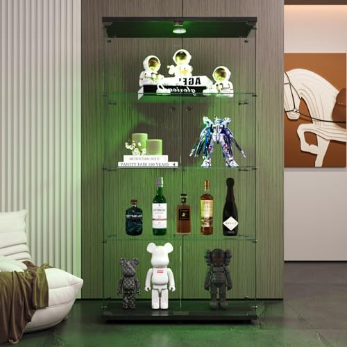 KSFASHZ Vitrina de Cristal con Luces LED y Cerradura, Armario Expositor de Vidrio Templado con 2 Puerta y 4 Estantes, Cristalera Vitrina Expositora para Salón y Colección, 164x80,5x36.5 cm, Negro