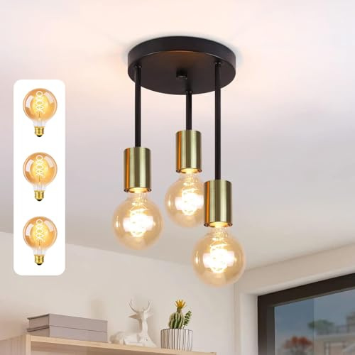 CBJKTX Deckenleuchte Hängend 3 Flammig - Vintage Deckenlampe E27 | Schwarz-Gold Industrial Deckenspots mit 3 Lichtquellen für Esszimmer Küche Flur Bar