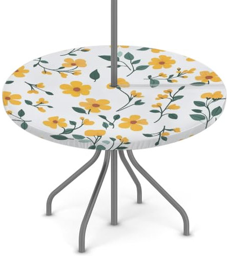 Woltant Nappe ronde avec trou de parasol et fermeture éclair facile à nettoyer avec bords élastiques - Protection de table d'extérieur pour jardin, terrasse, barbecue (jaune petite fleur)