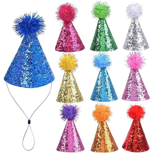 BbiuRer 10 Stück Partyhüte für Kuscheltiere, Verstellbare Blitzkappe, Mini Partyhüte für Kuscheltiere, Happy Birthday-Hut, Geburtstagszubehör, Dekorationen, Pompom-Party-Hüte für Festlichkeiten