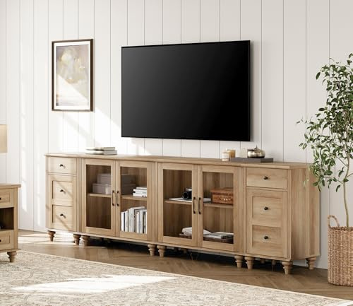 WAMPAT Large TV Stand for 100 Inch TV, Wood TV Console Table for 85 90 95 Inch TV, Entertainment Center with Charging Station&Glass Door, Kitchen Sideboard Buffet Cabinet for Dining Room, Oak