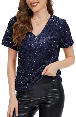 MINTLIMIT Damen Pailletten Glitzer Tops Kurzarm Oberteil Party Bluse V-Ausschnitt Festliches Club Outfit