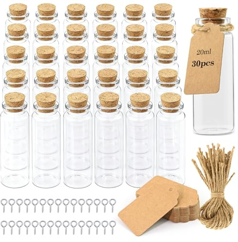 30 Stück Glasfläschchen mit Korken - 20ml Mini Flaschen Wunschflaschen Reagenzglas Mini Glasflaschenkleine korkenflaschen + 30Stk Hängeetiketten ＆ Bindfaden für Hochzeitsfeier, Dekoration, Wunsch