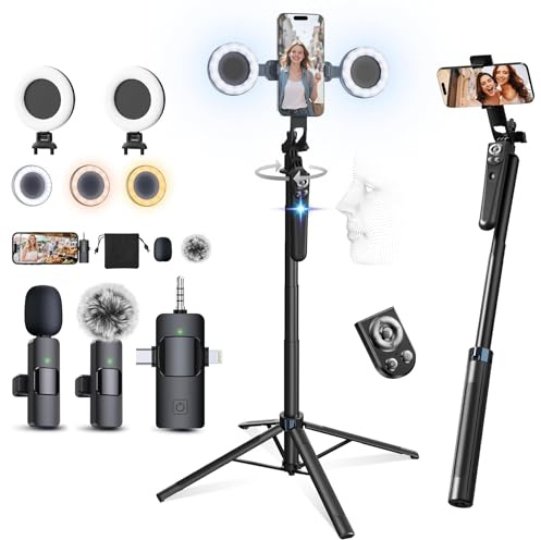 VEELANEU Trépied de Suivi Automatique du Visage avec Lumière & Télécommande, Gimbal Rotatif 360°, sans App, Rétractable Support de Caméra pour iPhone DSLR de Vidéo Live Vlog