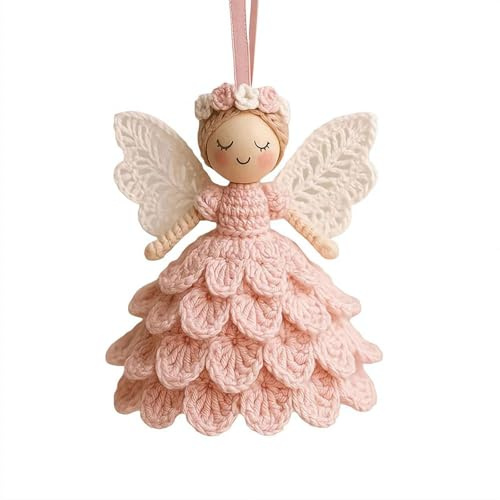 DIY Häkelengel Ornament Kit - Anfängerfreundliches handgemachtes Baumwollgarn Bastelset, 3D Engel Puppe hängende Dekoration für Weihnachtsbaum, Geschenk für Freunde (Rosa)