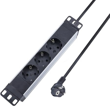 as - Schwabe 10 Inch Aluminium Socket Strip 3-Way 2 m H05VV-F 3G1.5 with Holders, 230V/16A/3500W, for Server Cabinets, Black/Silver