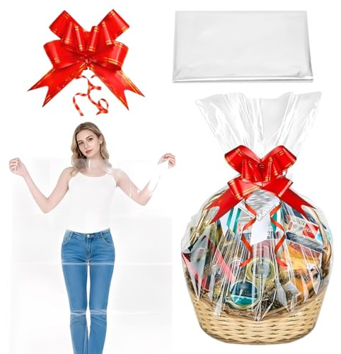 LACHT Fogli Cellophane Trasparente per Confezioni (Formato, 70 * 50CM), Con 5 fiocchi per regali, Carta Cesti Trasparente, per confezioni regalo, Feste, Eventi (70 * 50CM)