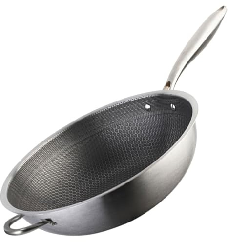 Amosfun Padella Wok in Acciaio Inox 34 CM Fondo a Nido d'Ape, Pentola senza Rivestimento per Fornelli a Gas e Induzione, Pentola da Cucina Portatile per Saltare in Padella e Barbecue