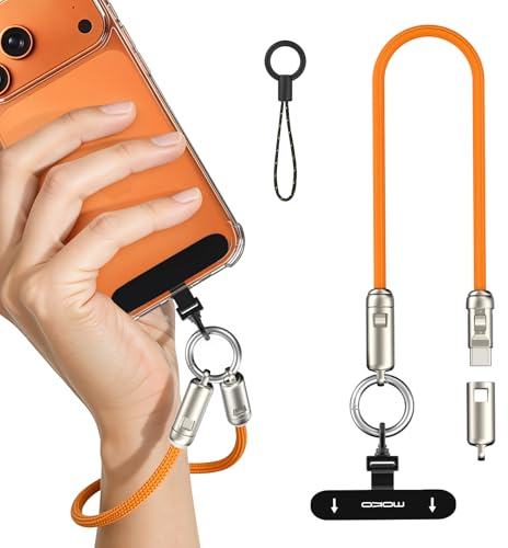 MoKo Dragonne Téléphone 2-en-1 avec Câble USB-C, Câble de Charge Rapide USB-C vers USB-C PD 240W, Lanière Antivol avec Attache Métal 360° pour iPhone 17/16/15, Tablette, Ordinateur Portable, Orange