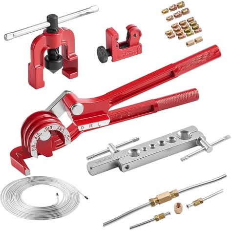 VEVOR Kit di Strumenti per Svasatura Singola a 45° dei Tubi Freno, Kit di Utensile per Espansione dei Tubi Freno Rivestito in Rame 7,6 m x 4,76 mm, con Piegatubi 3 in 1 Pratici e Tagliatubi Incluso