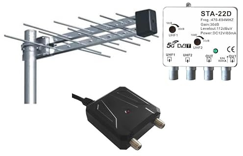 Kit antenna TV esterna 20 elementi con amplificatore da palo 30dB 2 ingressi UHF 2 uscite e alimentatore 12V