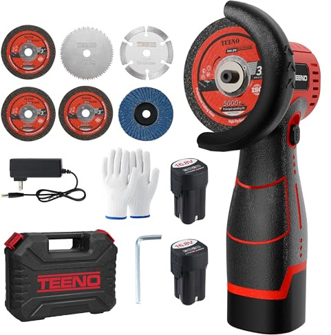 TEENO Smerigliatrice angolare senza fili Brushless 16,8 V, mini smerigliatrice angolare 76 mm 19.500 giri/min con display a LED, 2 batterie da 2000 mAh, caricabatterie, 6 dischi e cofanetto, per