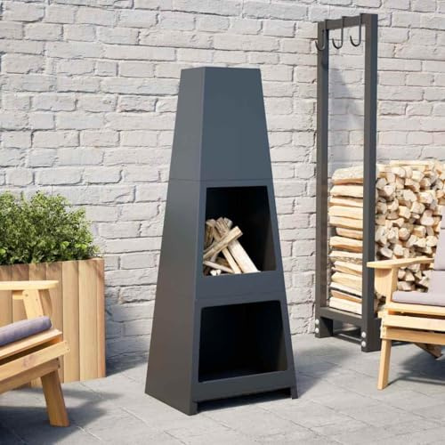 Ordellia Gartenkamin mit Holzablage Turm-Design aus pulverbeschichtetem Stahl Schwarz, Feuerstelle für Terrasse und Garten, mit Aschekasten und Schürhaken