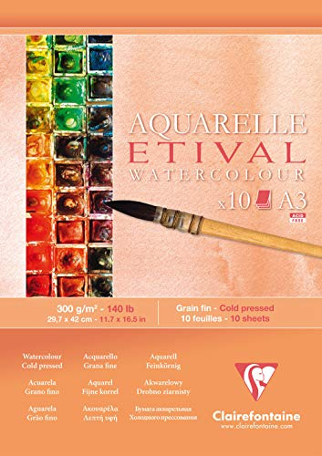 Clairefontaine - Ref 96306C - Etival kallpressad ekonomisk limmad akvarellmålning och ritplatta (10 pappersark) - A3 (42 x 29,7 cm) - 300 gsm cellulosa konstpapper