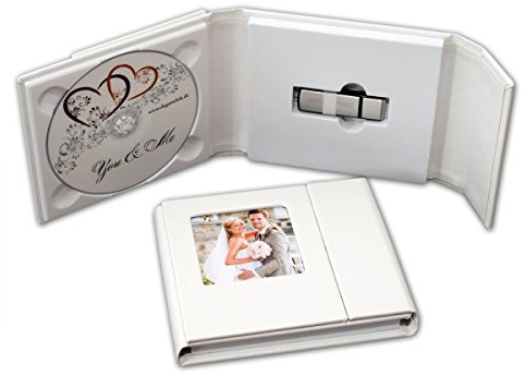 Estuche de cuero de boda DVD/USB con una apertura para fotos. Color blanco.