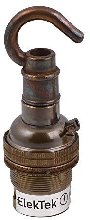 ElekTek Unswitched Lamp Holder B22 BC Bayonet Cap & Shade Ring with Solid Cast Brass Hook for Ceiling, Bracket or Chain Suspension - Made in UK - Antique Brass