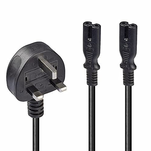 LINDY 2.5m UK Mains 3 Pin Plug to 2 x IEC C7 Splitter Power Cable/Figure 8 Lead, Black