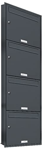 AL Briefkastensysteme, 4er Unterputzbriefkasten in Anthrazit Grau RAL 7016, Briefkastenanlage 4 Fach, Postkasten modern