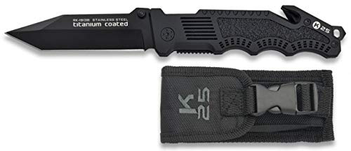 Navaja K25 con Funda Hoja 8,2 cm para Caza, Pesca, Camping, Outdoor, Supervivencia y Bushcraft K25 19138 + Portabotellas de regalo