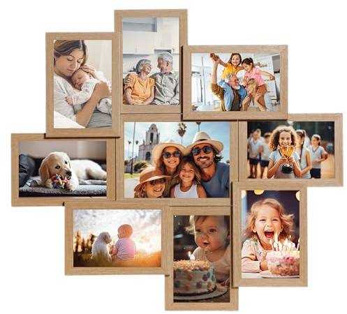 Victor Cadre Photo Collage en Bois Beige avec 9 Photos (8 x 10x15cm; 1 x 13x18cm) - Set de tableaux muraux - Pour 9 Images