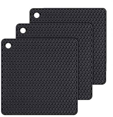 Untersetzer Topf 3 Stück Silikon Untersetzer für Heiße Töpfe und Pfannen,Topf Inhaber Tischset auch Hitzebeständiges Topflappen für Küche Löffel Gabeln (Schwarz)