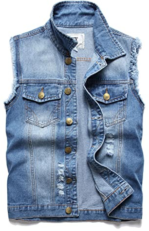 Ginsiom Men'S Light Blue Jean Vest Slim Fit Retro Sleeveless Ripped Punk Casual 80s Battle Denim Jacket