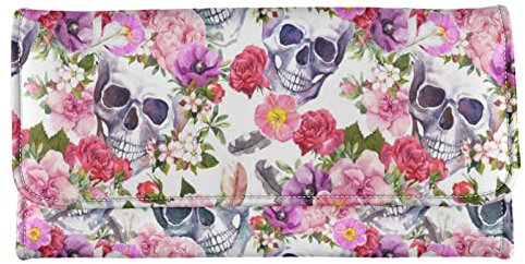 Binienty Damen-Portemonnaie, dreifach gefaltet, mit Klettverschluss und Sichtfenster, PU-Leder, Totenkopf Floral, Einheitsgröße