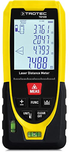 TROTEC Laser-Entfernungsmesser TD120 | Distanzmessungen Reichweite 120 m, Pythagoras-Funktionen, 99 Datensätze (Rechteckflächen/-Volumenberechnung, IP54)