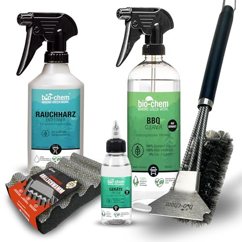 bio-Chem - Profi Set 5 Prodotti per la Pulizia di Barbecue e forni - Smacchiatore per resine e bruciature - Detergente per superfici di Barbecue, forni e Griglie - Olio per la Cura, Spazzola e Spugna