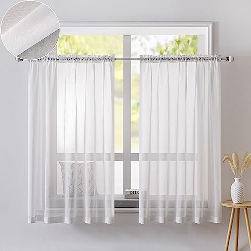 Scheibengardinen Weiß Gardine Voile Halbtransparent Bistrogardine Voile, 2er-Set Vorhang Weiß Transparent Mit Schlaufen, Sheer Vorhang Fensterschal Deko Für Kleine Fenster Küche Cafe Wohnzimmer