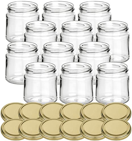 gouveo Lot de 12 Pots à Confiture 250g Miel avec Couvercle à vis doré - Petits Pots à provisions avec Bouchon à vis TO66 - Pots à Confiture vides, Pots à épices