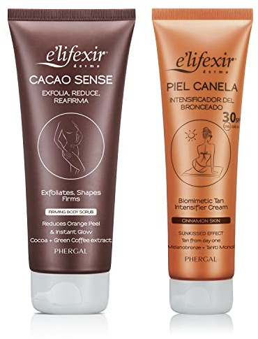 Elifexir Cacao Sense + Piel Canela, Exfoliante Corporal + Crema Intensificadora del Bronceado Waterproof SPF 30, Piel Lisa, Luminosa y Bronceada, 200ml + 150ml