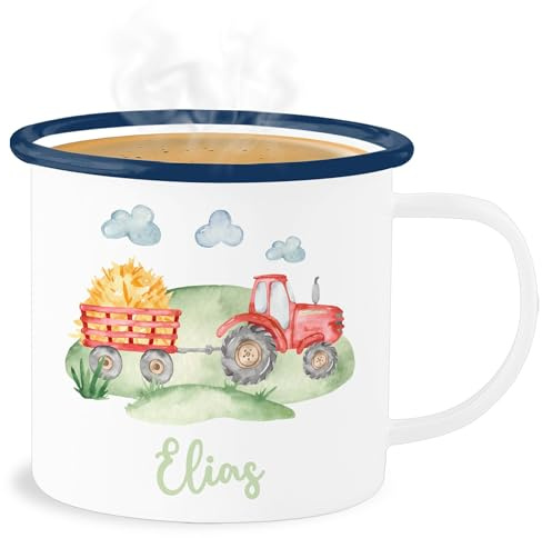 Emaille Becher Blechbecher - Traktor Trecker Bauer Schlepper Landwirtschaft Bulldog - 300 ml - Weiß Blau - tasse bauernhof personalisierte kinder geschenke traktoren tractor tassen traktortasse