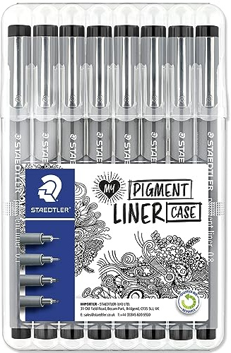 STAEDTLER 308 Pigment Liner Fineliner Stifte | Schwarze Fineliners Wallet Desk Sets | Kunst, Zeichnen, Handschrift, Kalligraphie, Journal Fineliner Stifte (gemischtes Set, Schwarz, Brieftasche mit 8
