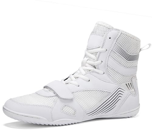 PENXZT Men's Boxing Boots, Lightweight Breathable Kickboxing Sports Sneakers Anti-Slip Wrestling Footwear Youth,White,10 UK