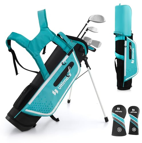 GOPLUS - Juego de clubes de golf para niños, Fairway #3 205 CC, hierros #7, hierro #S y putter, bolsa trípode con capucha antilluvia para niños y niñas de 5-7/8-10/11-13 años (azul, 11-13 años)