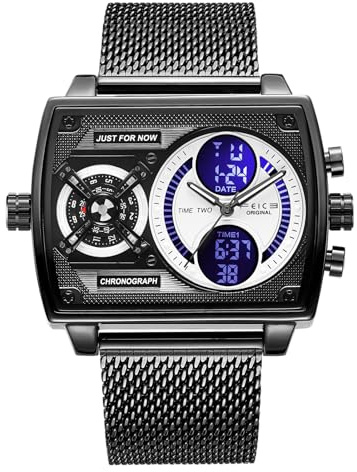 FEICE Orologio Quadrato da Uomo Multifunzionale Quadrante Grande Orologio Analogico Digitale al Quarzo Moda Acciaio Inossidabile 47 mm FK814 Nero