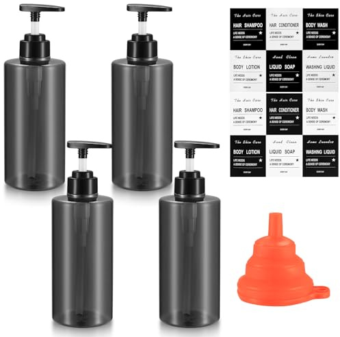 4 Pcs 500ML Distributeur de Savon Liquide de Cuisine, Flacon Pompe Vide 500ml, Distributeur Shampoing et Gel Douche, Distributeur Liquide Vaisselle pour Savon Lotion, avec étiquette, Entonnoir