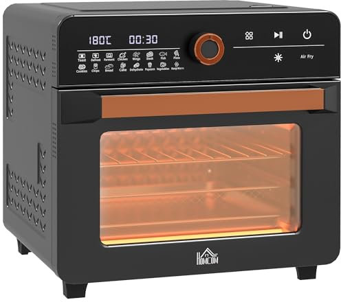 HOMCOM Minihorno con convección 20L 3 en 1 Minihorno con rejilla grill, bandeja de horno y bandeja recogemigas, 40 °C-220 °C freidora de aire caliente con cesta para freír, temporizador, luz interior,