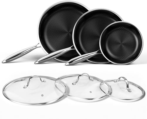 Innerwell Nonstick Titanium Ceramics Stainless Steel Frying Pan Set, 6 Pieces Nonstick Honeycomb Stainless Steel Frying Pan Set, Non Stick Egg Omelet Cooking Pan Set, Induction Compatible, PFAS Free