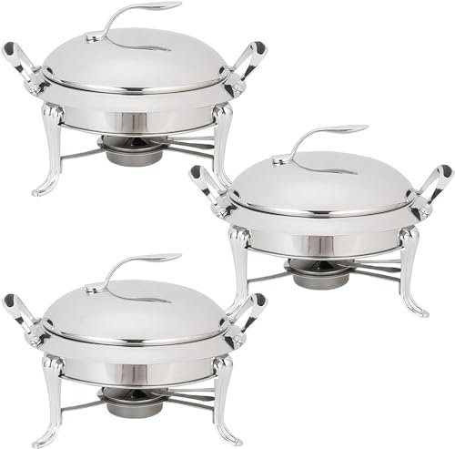 GYDUHYE 3L Chafing Dish Set, Full Size Stainless Steel Round Buffet Server with Pans, Lid and Fuel Holders, for Catering Party Wedding Dinner Food Warmer(Size:3 Pack,Color:Silver)
