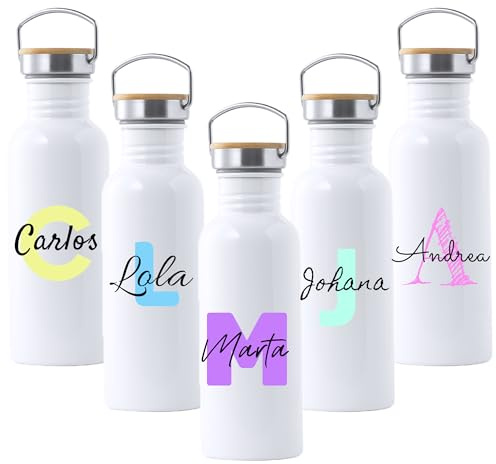 Mookase Botella Personalizada de Acero Inoxidable con Inicial y Nombre - Botella Lechera Personalizada - Regalo Original para niña y niño
