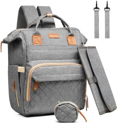 Baby skötväska ryggsäck med USB-port baby blöja byte ryggsäck väska med bärbar skötmatta, barnvagnsremmar, vattentäta blöjväskor för mamma och pappa, Grå, Medium