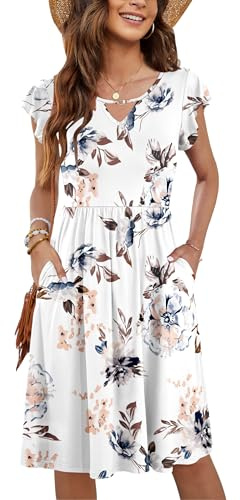 PLOKNRD Damen Sommerkleid Kurzarm V-Ausschnitt Blumenkleid Rüschen Ärmel Freizeitkleid Knielang mit Taschen (Weiß Blumen,S)