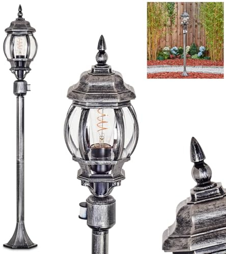HOFSTEIN Wegeleuchte Lentua, Außenwegeleuchte mit Bewegungsmelder aus Metall/Kunststoff in Schwarz/Silber/Klar, Wegelampe im Antik/Landhaus/Vintage-Design, 112cm, E27, IP44 - Garten, Außenbereich, Hof