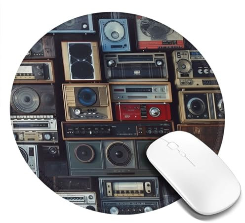 4 PCS 8inch Round Mouse Pad Vintage Wall of Radio Boombox Custom Mouse Mat Non-Slip Rubber Base 4 PCS Computer Mouse Pads for Wireless Mouse Laptop Office Desk Accessories Mousepad