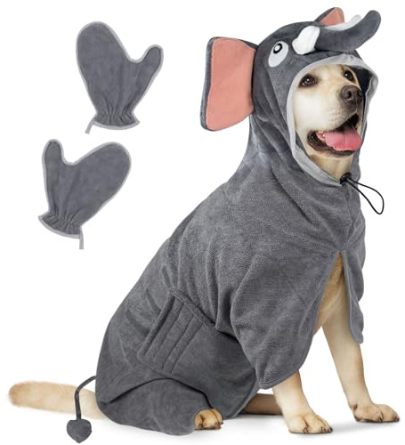 Bibykivn Hundebademantel, Schnell Trocknend Bademantel Hund | Einstellbar, mit Klettverschluss, Saugfähiger, mit Hut, für Mittlere Große Hunde, Elefant, L